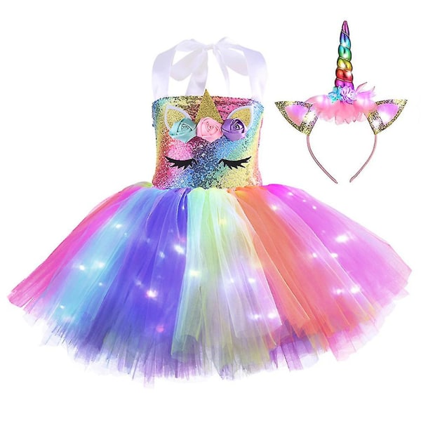 Barn Jenter Unicorn Costume Led Light Up Tutu Dress + Pannebånd Antrekk Sett Cosplay Carnival Bursdagsfest -HG B 6-8 Years