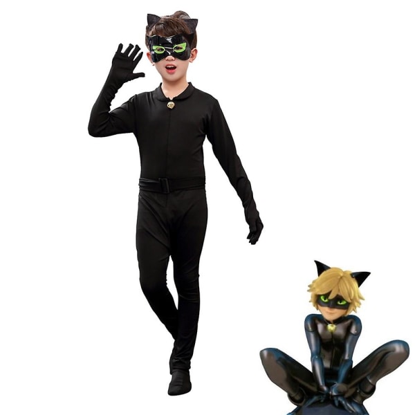 Børne Sort Kat Kostume Drenge Cosplay Noel Body Suit Med Maske, Øre, Hale -ge 130(125-135CM)