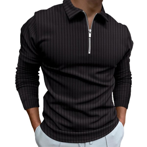 Herreoverdeler med glidelås og stripete golf-poloskjorter med lange ermer Black 2XL