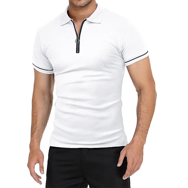 Herrar Toppar Zip V-Hals Polotröja Sommar Casual Golftröjor White XL