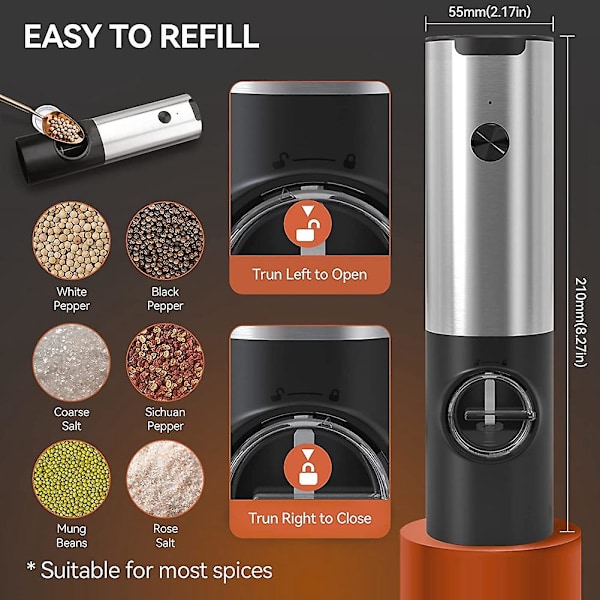 Latautuva sähköinen suola- ja pippurimyllysetti kaksoislaturilla, USB-kaapelilla, automaattinen S Black  silver