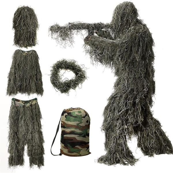 5 i 1 Ghillie-dragt, 3d-camouflagejagtbeklædning inklusive jakke, bukser, hætte, bæretaske Green 1.6m