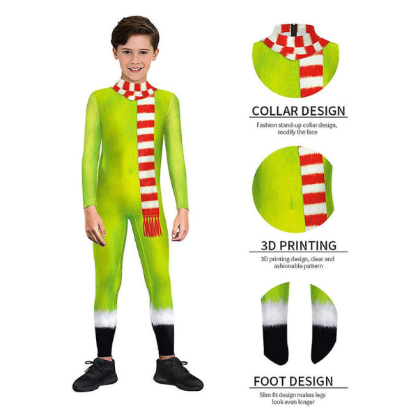 4-9 år Barn Jenter Gutter Julefest Grinch Cosplay Kostyme Jumpsuit Fancy Dress Up Bodysuit Gifts-A 5-6 Years