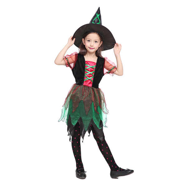 4-13 år Barn Flickor Häxa Cosplay Dräktklänning+hatt Halloweenfestpresenter -Grön 8-9 Years