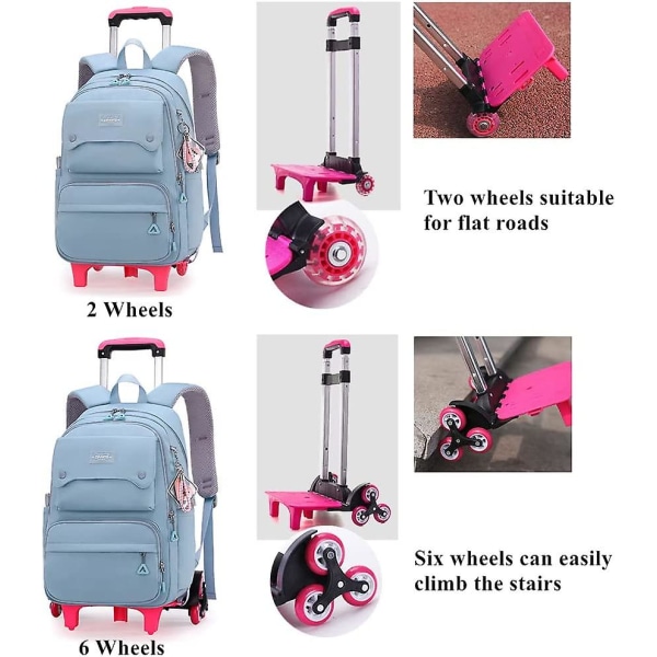 Enfärgade flickor rullande ryggsäck med hjul Skolväska Elementary School Student Trolley Daypack Outdoor Travel Bag Pink 6 Wheels