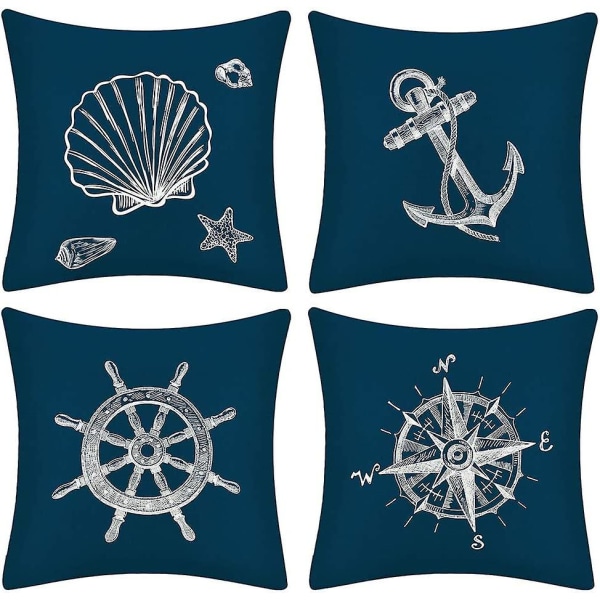 Set med 4 Dekorativa Kuddfodral i Marin Stil med Kompassnavigering, Geometriskt Mönster (45 x 45 cm) color 1