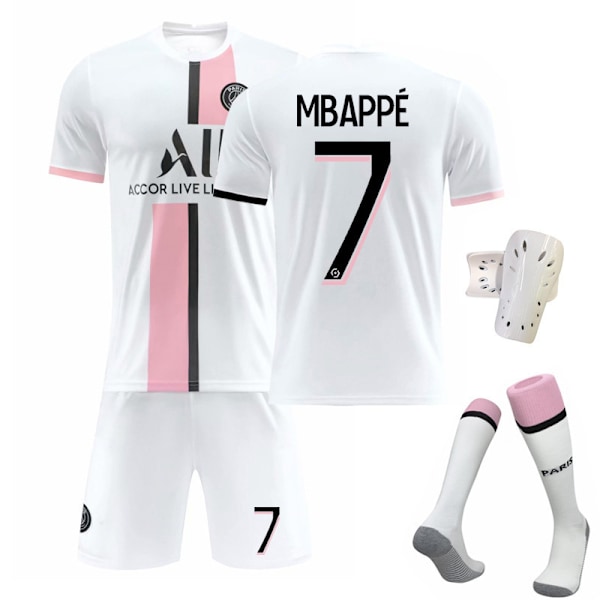 2122 Paris borta vit tröja Mbappe fotbollströja + strumpor + skyddsutrustning S(165-170cm)