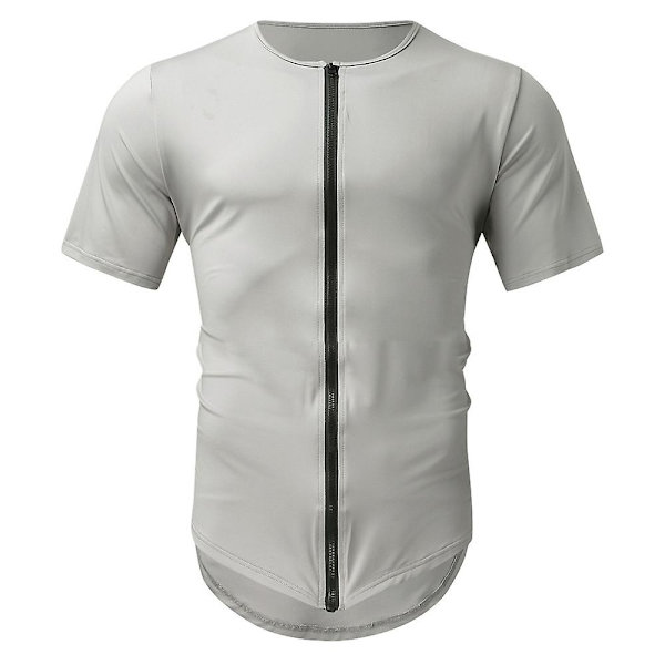 Herrar Sommar Casual Zip-Up Kortärmad Enfärgad T-shirt Grey 2XL