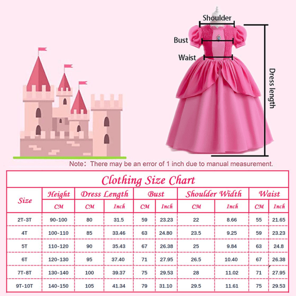 4st Girls Princess Peach Dress Super Brothers Cosplay Kostym Fancy Dress Outfits Rollspel Rose 110