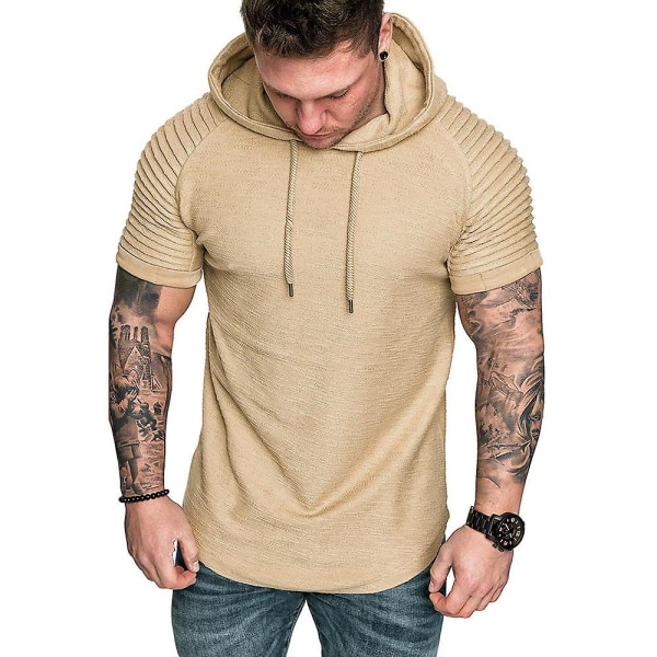 Herre plisserte kortermet hette T-skjorte Sommer Casual Sports Hettegensere Topper Khaki 2XL