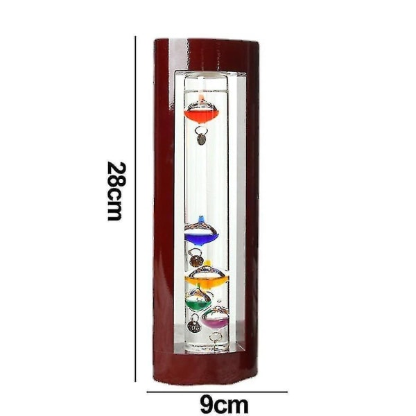 Glas Galileo termometer, et design med flerfarvede kugler i en kirsebærtræsramme 9*5*H28cm