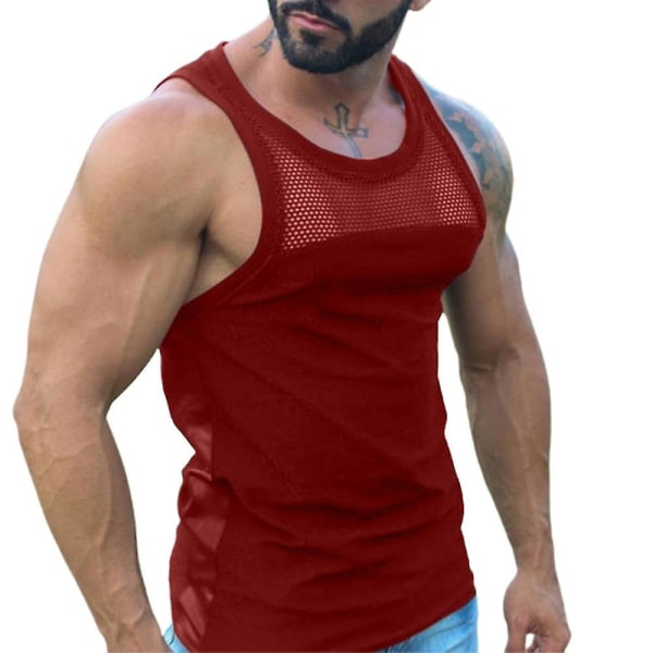Ärmlös mesh för män för sommarsport Gym Tank Tops Red 2XL