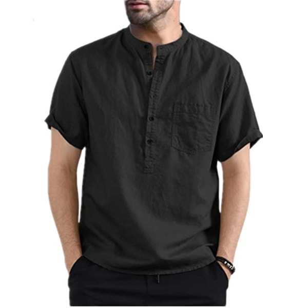 Herrtröjor sommar Henley Neck kortärmade skjortor Black 2XL