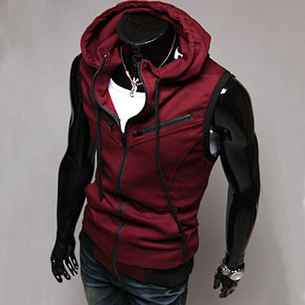 Herr sommar dragkedja hoodie väst ärmlösa huv linne Wine Red L