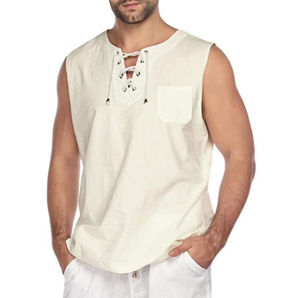 Miesten kesähihaton T-paita Lace Up Fashion Plain Vest Tank Topit Beige M