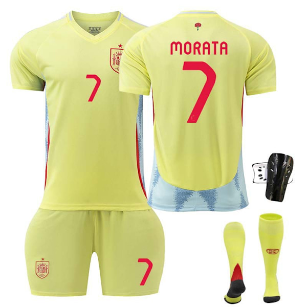 2425 Spanien bortaställ Morata fotbollströja set+strumpa+skyddsutrustning 18(100-110cm)