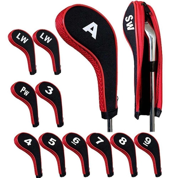 12st Golf Head Cover Golf Club Iron Protect Set med nummer & blixtlås lång hals Red