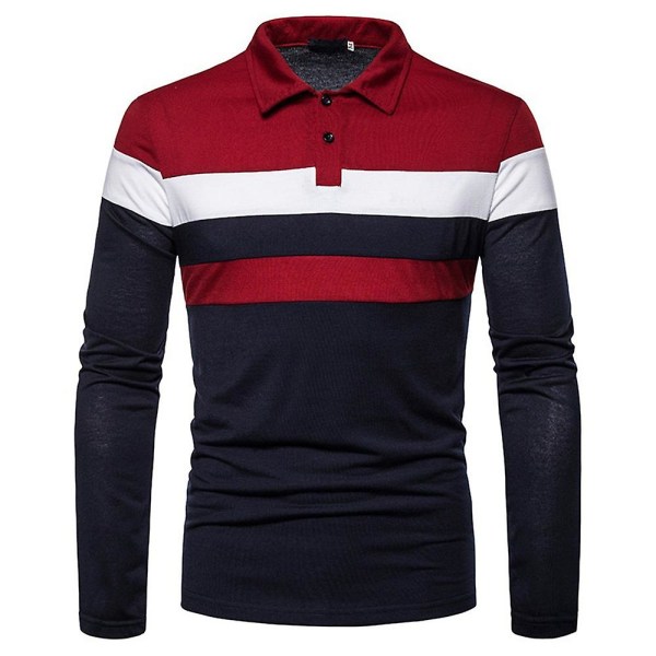 Miesten Patchwork-Poloshirt Pitkähihainen Rento Työpaita Navy Blue Red L