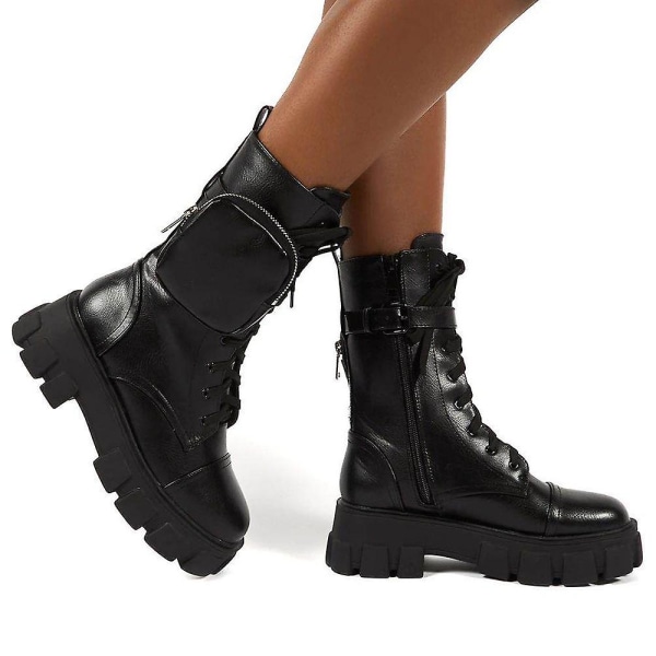 Kvinner Combat Ankel Boots Chunky Platform Snøring Zip Biker Sko -ge Black 37