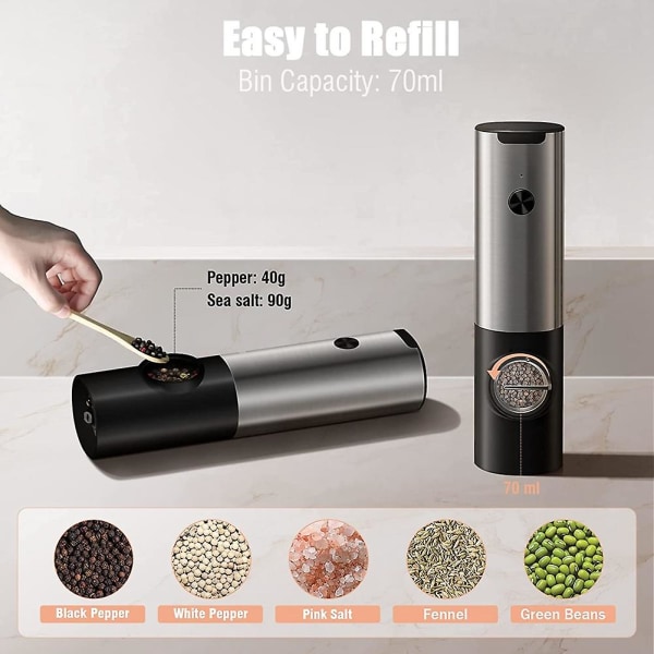 Laddningsbar Elektrisk Salt- och Pepparkvarn Set USB-Laddning Rostfritt Stål Automatisk Salt Krydda BlackSilver
