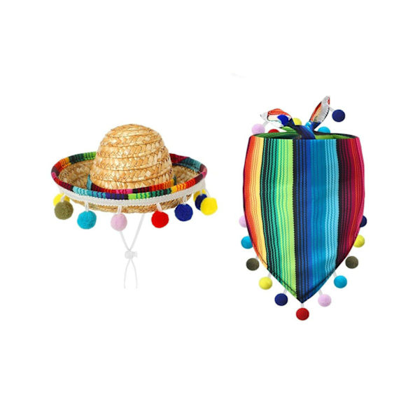 2-pack Randig Triangelhalsduk Färgglada Pompom Djur Halmhatt Halsduk Set för Husdjur