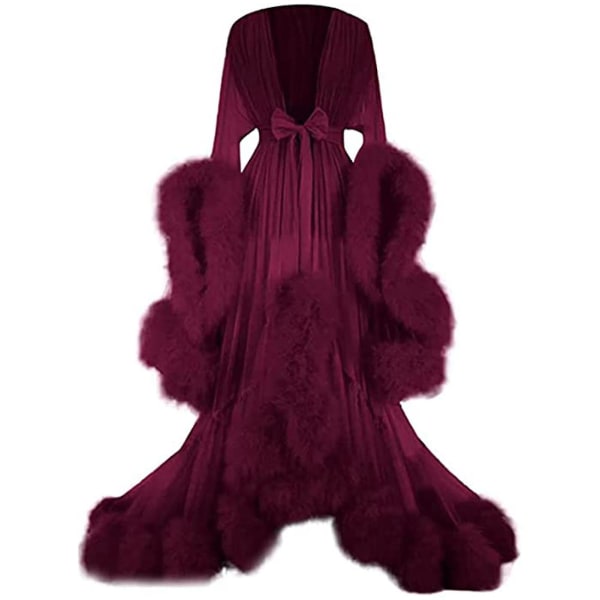 Naisten pitkä mekko, höyhenleveä hihainen mekko, joka sopii täydellisesti polttareisiin Wine Red 3XL