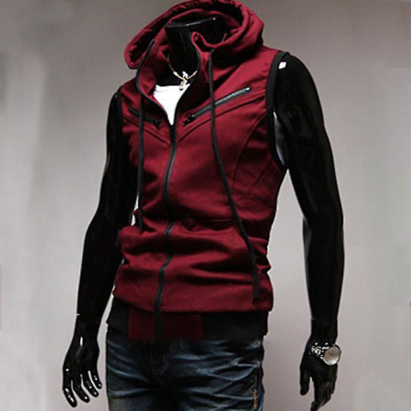 Herr sommar dragkedja hoodie väst ärmlösa huv linne Wine Red L