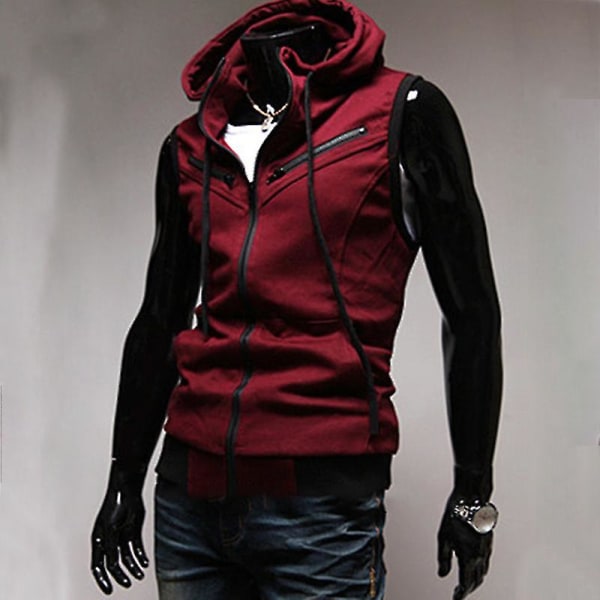 Mænds Sommer Zip Up Hoodie Vest Ærmeløs Hooded Tank Tops Wine Red 2XL