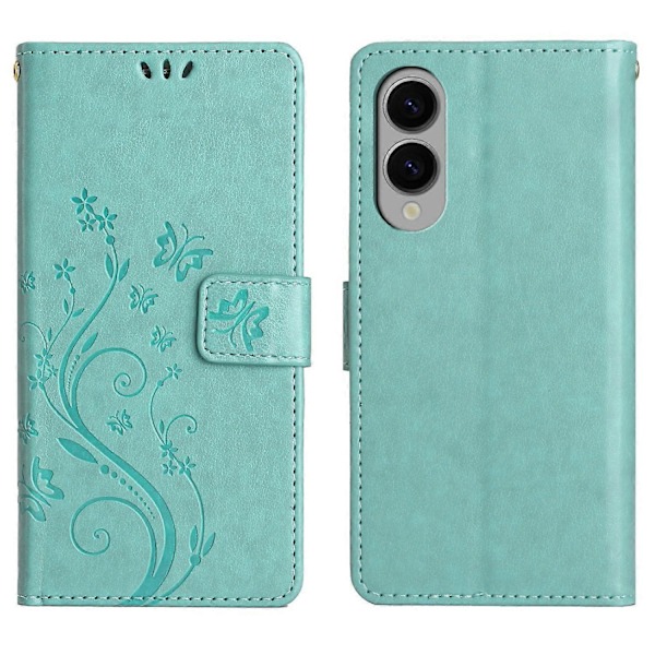 Læder Wallet Case med Sommerfugl og Blomster til Samsung Galaxy S25 Edge med Rem Multicolor Baby Blue