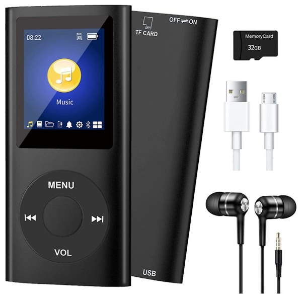 MP3-spelare med Bluetooth 5.0, musikspelare med 32 GB TF-kort, FM, hörlurar, bärbar HiFi-musikspelare (svart) -HG Black