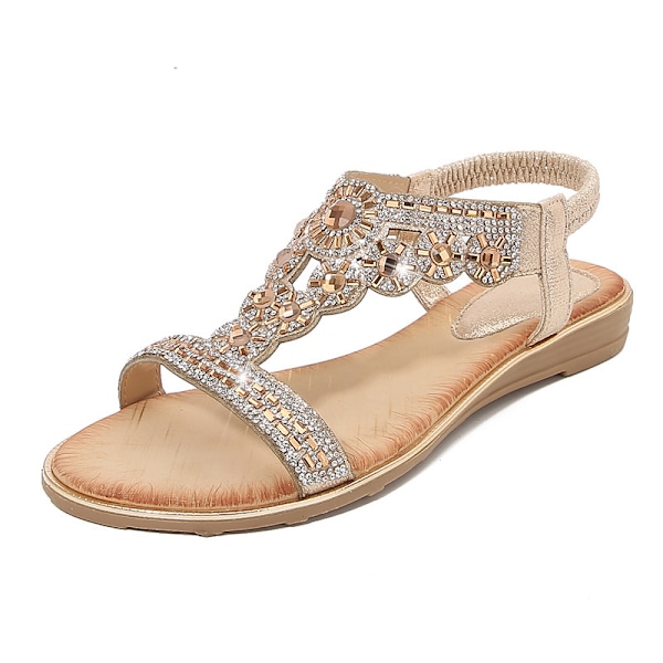 Bohemiska sandaler för kvinnor 2025, platta med strass, eleganta, bekväma och trendiga Gold 41