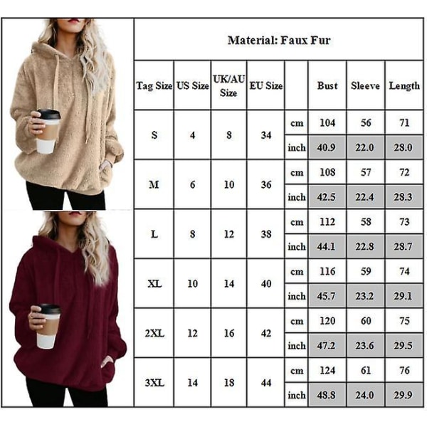 Kvinnlig Teddybjörn Hoodie Jacka Varm Fluffig Huvad Tröja Lös Höst Vinter Toppar Wine Red L