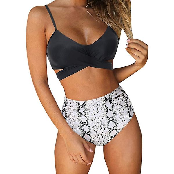 Dametøj Kryds Kors Push Up Badetøj Top Mavekontrol Halter Bikini Højtaljet Badetøj Todelt Badetøj Black-white Large