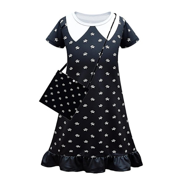 Klänning med kort ärm för flickor 5-9 år, Wednesday Addams Family, med väska, cosplay-festdräkt, gåva 6-7 Years