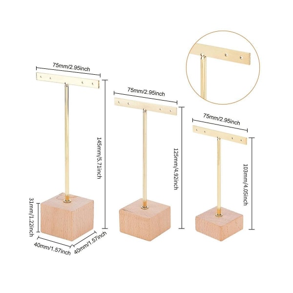 3 stk. Guld Metal T-Bar Ørestik Display Stativ Med Træ Kvadratisk Base 4 Huller Smykkeholdere Hængende
