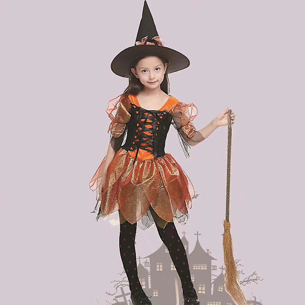 4-13 År Pige Hexe Cosplay Kostume Kjole+hat Halloween Festgaver-Orange 4-5 Years
