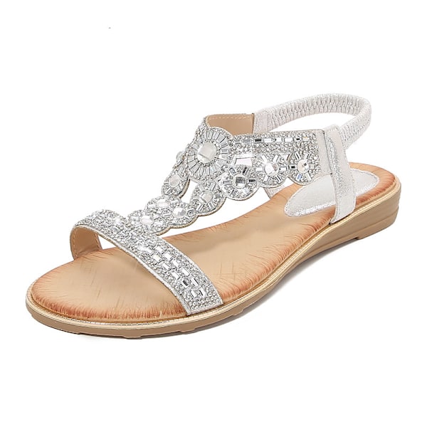 Bohemiska sandaler för kvinnor 2025, platta med strass, eleganta, bekväma och trendiga Silver 36
