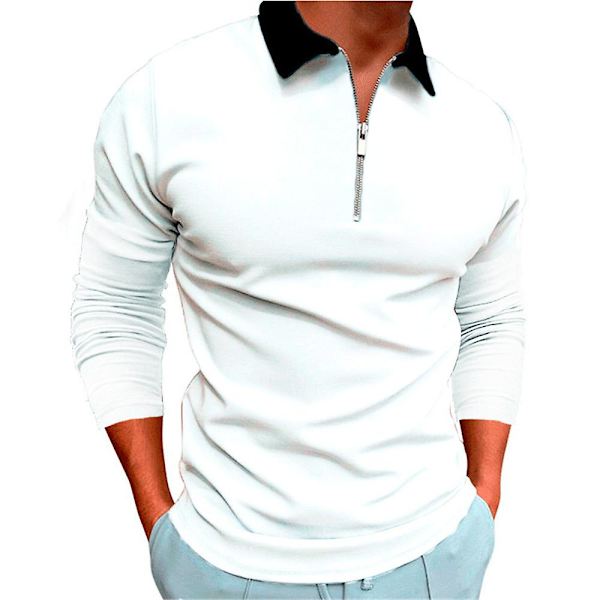 Miesten pitkähihainen rento urheilullinen vetoketjullinen poloshirtti White M