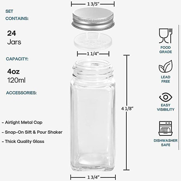 12 glaskrydderiglas/-flasker - med 20 krydderietiketter-shakerhætter og forseglede metalhætter - inkluderer sammenklappelig silikonetragt -HG