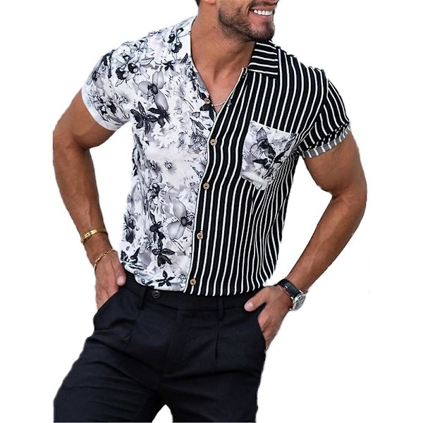 Herr Kortärmad Skjorta Randig Blommig Topp Strand B 2XL