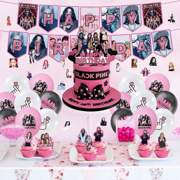 102st Svart Rosa Födelsedagsdekorationer Svartrosa Flicktillbehör Inkluderar födelsedagsbanner, Cake Topper, Cupcake Toppers, Ballonger, Stickers For B