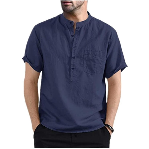 Herrtröjor sommar Henley Neck kortärmade skjortor Navy Blue 2XL
