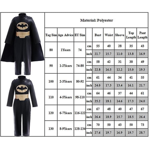 1-9 år Barn Batman Cosplay Kostymer Halloween Jumpsuit Festantrekk Superhelt Fancy Dress Gaver 1 Years