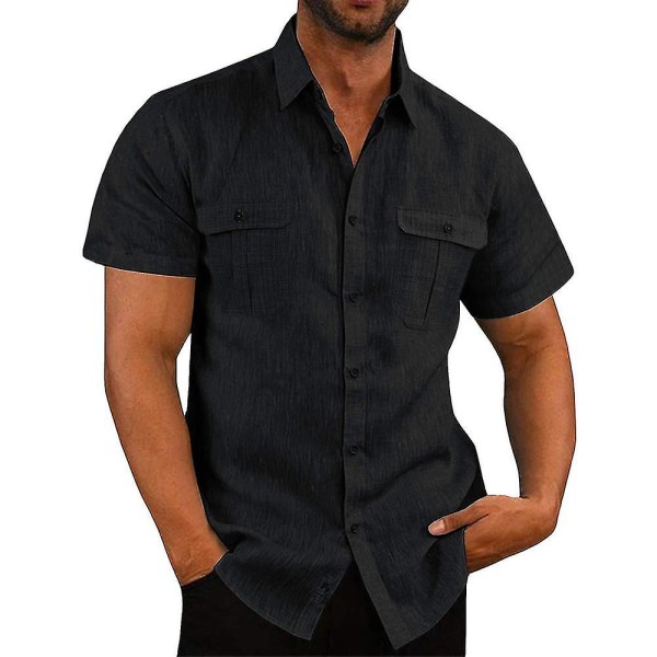 Herre sommerskjorter Kortærmede skjorter med knap Casual ferieoverdele Black 3XL