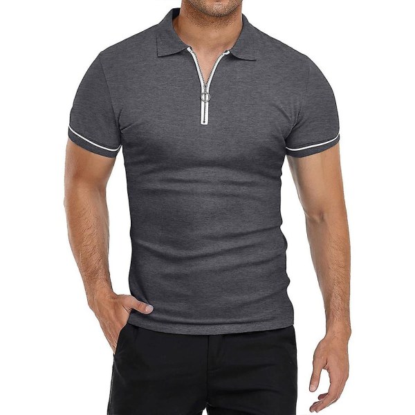 Herrar Toppar Zip V-Hals Polotröja Sommar Casual Golftröjor Dark Grey L