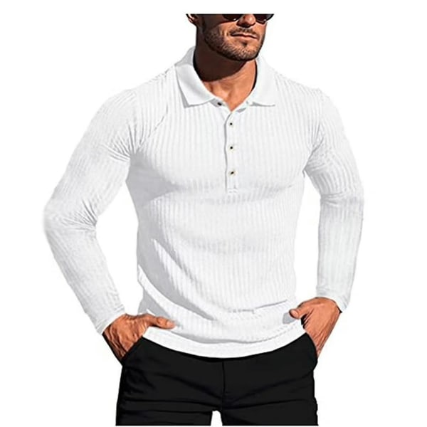 Herr långärmad pikétröja Sport Casual Business Shirt Toppar White 2XL