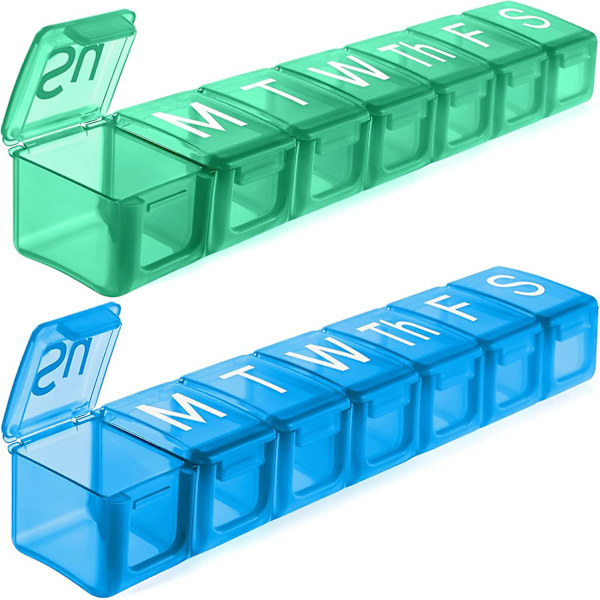 2 Pak Extra Stor Pilleorganiser til Ugen, BPA-Fri Pilleæske 7 Dage Med XL Rum Til Fiskeolie, Rejsevenlig Medicinorganiser Pilleetui Til Blue Green