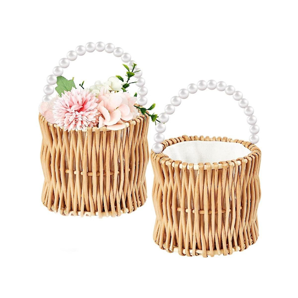 2 stk. Flettet Bryllupsblomsterpikekurver Perle Flettet Rattan Håndvevd Kurv Flettet Kurv Med Håndtak