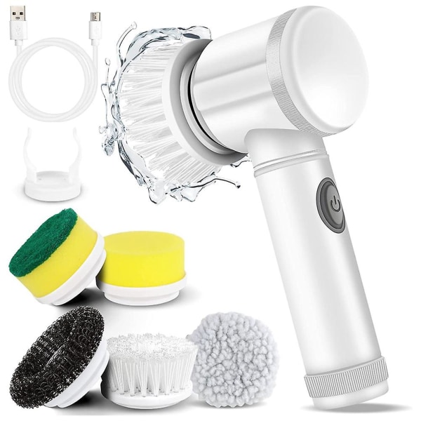 Electric Spin Scrubber Elektrisk rengöringsborste med 5 utbytbara borsthuvuden kompatibel med badkar, golv, W KL White