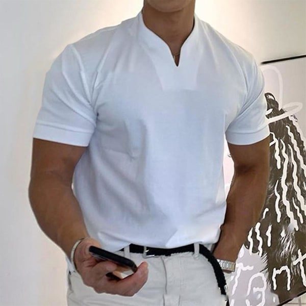 Herre V-hals Kortermet Retro Vanlig T-skjorte Topper White XL